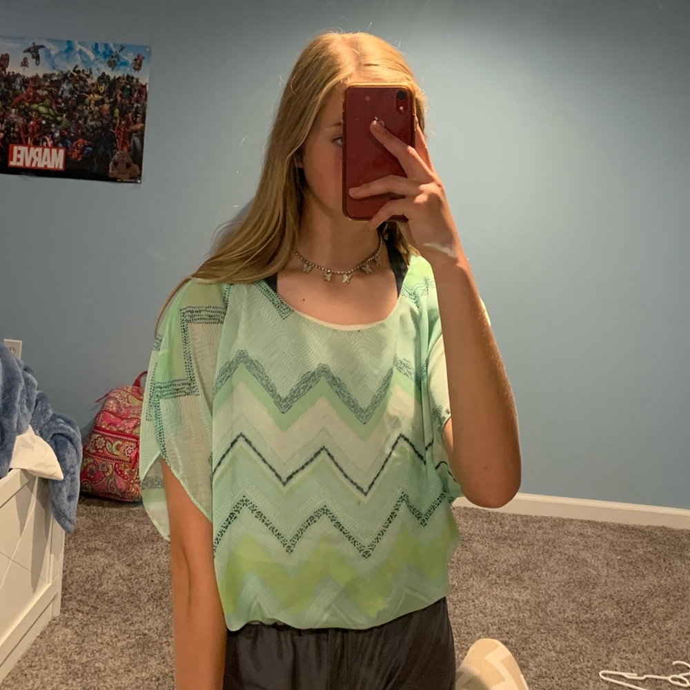 BCX Green Geometric Sheer Top